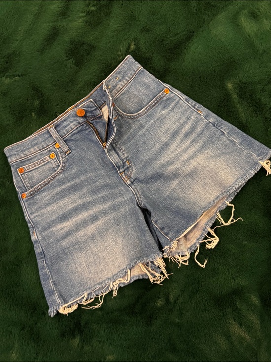 Madewell Pants - Madewell High-Rise Denim Shorts Size 24 Medium Blue Wash Raw‎ Hem Frayed Cutoff